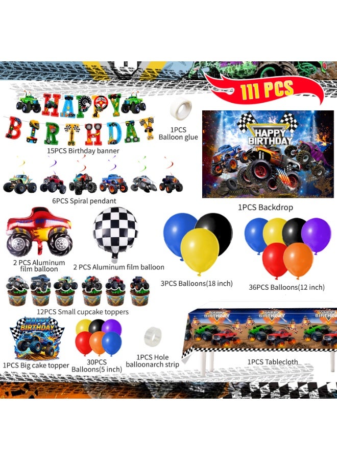 FRUITFUL PARTY Monster Truck Birthday Party Decorations, 111pcs Monster Truck Decoration Set - Monster Truck Balloons Banner Tablecloth Cupcake Toppers etc Monster Truck Birthday Party Supplies - Image 3